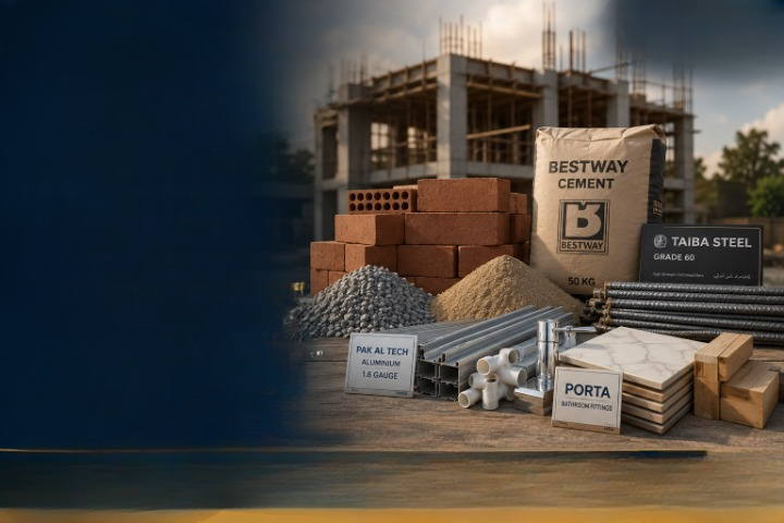 Premium construction materials used by Penguin Constructions — cement, steel, brick and timber