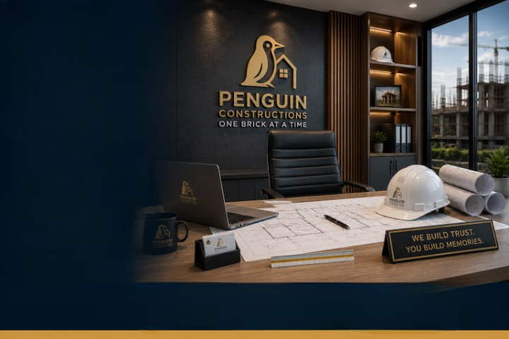 Penguin Constructions office desk with plans and hard hat